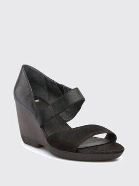 Camper Laura Black Woman Sandals Leather Wooden Heel Suede Wedges Size 39